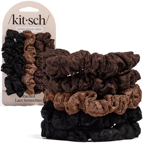 Kitsch Ruched Lace Scrunchies For Women - Black, Chocolate & Mocha, 5pc Set by Kitsch