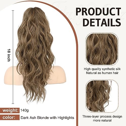 Flufymooz Ponytail Extension, 18 Inch Claw Clip Ponytail Extension, Wavy Curly Claw Clip in Ponytail Hair, Natural Fake Ponytail Synthetic Hairpiece for Women (Dark Ash Blonde with Highlights) - Image 2
