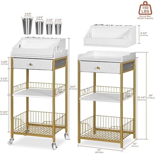 Makeup Organizer Cart, Rolling Vanity Storage, Gold and White - Image 4