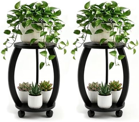 2 Pack 2 Tier Wooden Plant Stand Indoor with Wheels – Tall Plant Stand for 6-12 Inch Pots, Mid-Century Modern Rustic Plant Table Indoor, Pedestal Stand for Corner, Living Room, Balcony, Black by Unknown