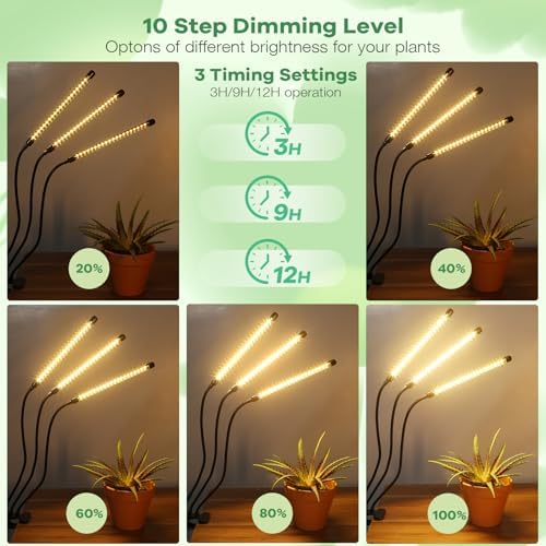Led Grow Lights, 3 Heads Full Spectrum Plant Light with Clamp for Indoor Plants & Seed Starting, 10-Level Dimmable, Auto On Off, Timing 3 9 12Hrs - Image 3