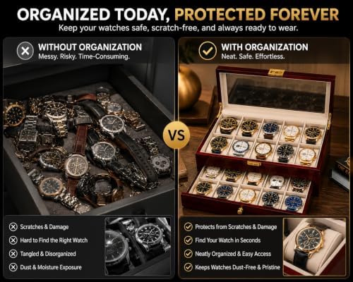 High End 20 Slot Rosewood Watch Box for Men, 2 Tier Watch Organizer with Glass Display Lid, Velvet Lined Watch Case Storage for Up to 45mm Watches, Luxury Watch Holder Gift for Collectors - Image 3
