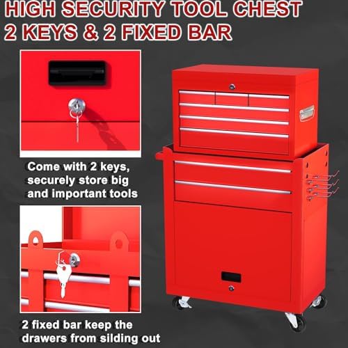 Dawmilon 8-Drawer Rolling Tool Chest, 2-in-1 Tool Box Organizer with Lockable Wheels, Sliding Drawers, and Detachable Top, Garage Workshop Tool Storage Cabinet, Red - Image 6