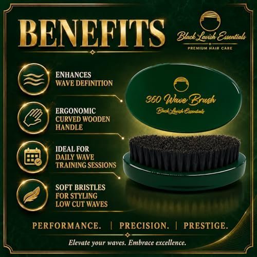 360 Wave Brush, Build Deeper Waves, Soft & Hard Boar Bristle Curved Brush, Black Lavish Essentials Signature (Medium-Hard, Emerald Green) - Image 4