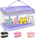 Chenille Letter Clear Makeup Bags Mama Pouch, Preppy Patch Makeup Bag Zipper with Handle, Transparent PVC & Nylon Waterproof Glitter Cosmetic Handbag Travel Toiletry Storage for Women(MAMA-Purple) by izuzta