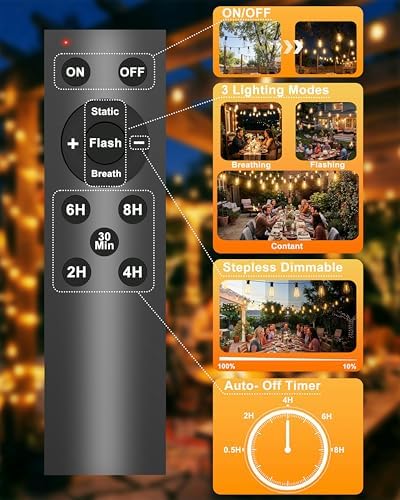 108FT (48+2) Outdoor String Lights Solar Powered, ST38 Dimmable Patio Lights with Remote & USB Charging, Dusk to Dawn, 2700K LED String Solar Light for Backyard, Garden, Porch, Wedding Decor - Image 3