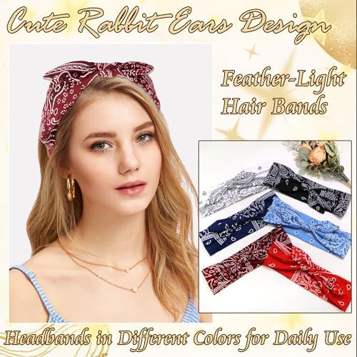 6 Pcs Bow Headbands for Women Paisley Print Rabbit Ears Hair Bands - Image 3