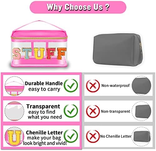 Chenille Letter Clear Makeup Bags Stuff Pouch, Preppy Patch Makeup Bag Zipper with Handle, Transparent PVC & Nylon Waterproof Glitter Cosmetic Handbag Travel Toiletry Storage for Women(STUFF-Rose) - Image 4