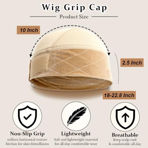 Wig Cap for Women Non Slip 2-in-1 Wig Grip Cap with Band Beige, 2 Packs - Image 6
