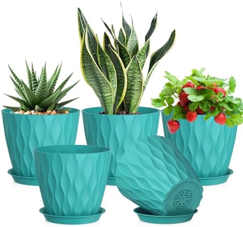 Meowell 7 inch Plant Pots for Indoor Outdoor Plants, 5 Pack Thick Flower Pots with Drainage Holes and Saucers, 3D Modern Wave Texture Plastic Planter Pots for Nursery and House Plants, Blue Green by Meowell