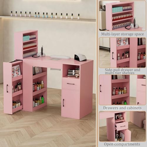 Professional Nail Desk for Nail Tech with Storage Cabinet and Fan – Modern Nail Table for Salon, Nail Tech Table with Drawer, Armrest & Dust Collector,Manicure Table Nail Desk (Pink) - Image 5