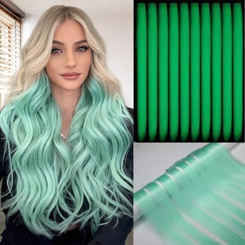 Ms Aloe Glow in the Dark Hair Extensions Clip Ins Teal Colored Hair Extensions 22inch Long Straight Synthetic Hairpieces Glow in the Dark Hair Accessories for Women - Image 3