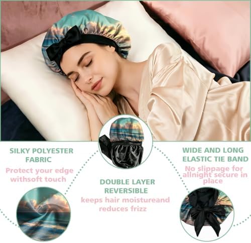 Satin Hair Braid Bonnet for Sleeping Double Layer Tie Band Elastic Wide Soft Silk Lined Nightcap Women Girls Cute - Image 3