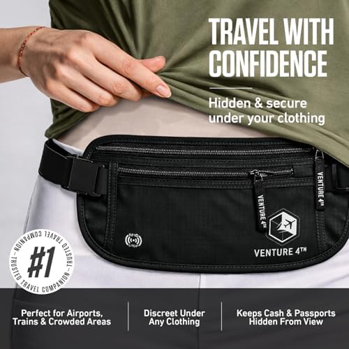VENTURE 4TH Travel Money Belt, RFID Blocking Passport Holder - Pure Black - Image 4