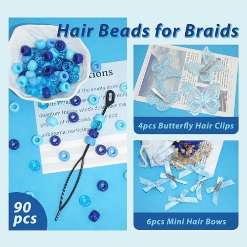 100PCS Hair Beads 2 Sizes Lace Butterfly Hair Clips Mini Hair Bows Hair Beading Tool Set Blue Cute Bow Barrettes Quick Braid Beaders for Kids and Girls - Image 6