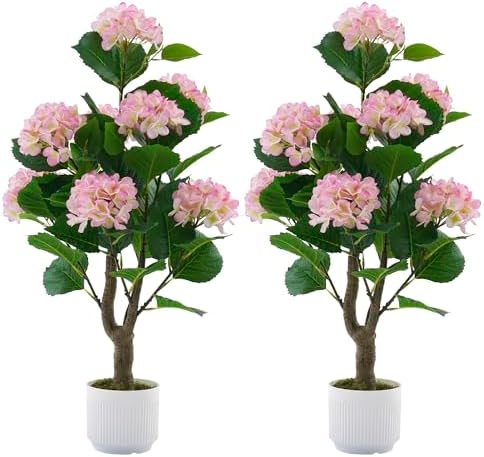 Artificial Hydrangea Tree 2 Pack, 3FT Faux Hydrangea Plant in Pot with Pink Flowers, Greenery Potted Plant for Indoor Outdoor Office Home Porch Decor, Pink by Jcezvnt