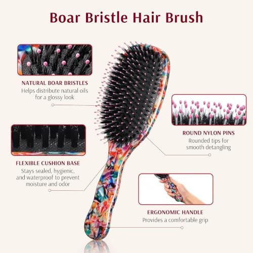 VOCOSTE Boar Bristle Hair Brush, Detangling & Shine Paddle Brush Gift Set - Image 2