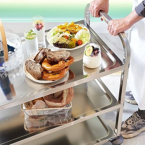 CURTA Stainless Steel Serving Trolley, 34" L x 18" W x 36" H 3 Tiered Shelf Kitchen Utility Cart, Rolling Casters Brake Wheel, Commercial Pro for Restaurant/Hotel/Lab/Clinic/Salon/Workshop - Image 2