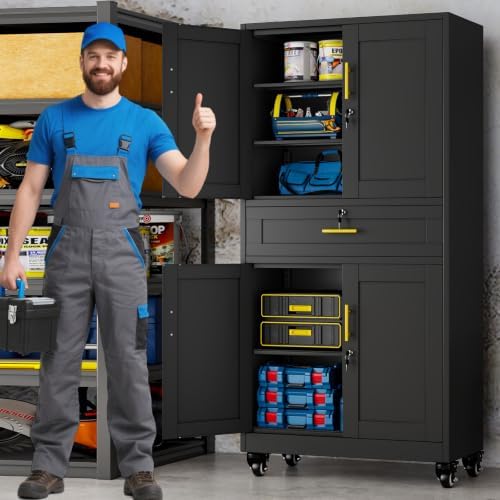 74" Metal Garage Storage Cabinet with Wheels and Locking Doors - Image 2