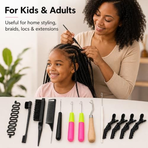 Nalexmi Crochet Hooks for Hair, Latch Hook Crochet Needle Set for Braiding, Locs, Dreadlocks and Passion Twist Extensions, with Tail Comb and Duckbill Hair Clips, Pink Styling Kit (15, Black) - Image 5