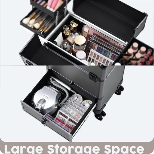 Hododou Rolling Makeup Case Cosmetic Travel Trolley Storage Sliding Drawer 4 Tray Makeup Travel Case with Wheels Salon Barber Case Traveling Cart Trunk for Cosmetologist Nail Tech Hairstylist Grey - Image 5