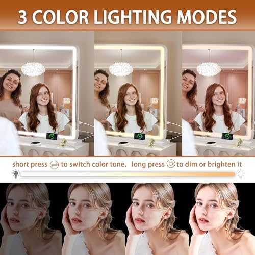 Hasipu Vanity Mirror with Lights, 37.4" x 26" LED Makeup Mirror, Lighted Makeup Mirror with Dimmable 3 Modes, Touch Screen Control Vanity Mirror Round White - Image 3