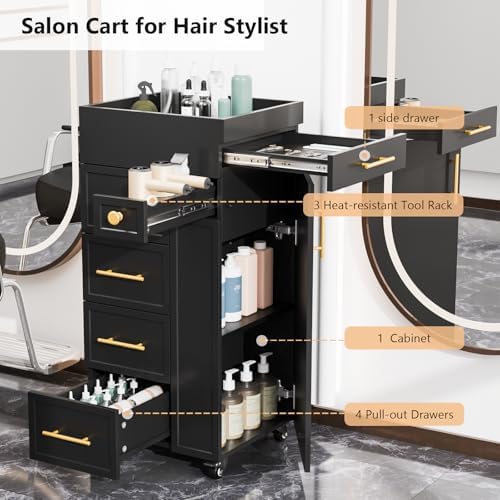 OmySalon Salon Trolley Cart, Hair Styling Station with 5 Drawers, 3 Tool Holders & Adjustable Shelf, Mobile Storage Cabinet Utility Trolley for Barber, Beauty Spa, Home (Black) - Image 4