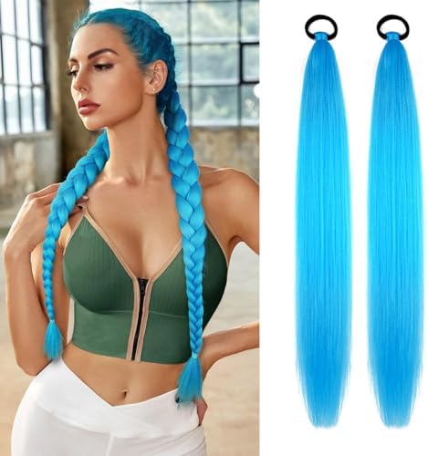 Rave Hair Extensions 2 Pack Sky Blue Braid Ponytail Extension for Women by LyoRuSi
