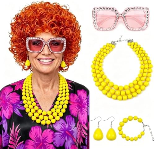 Short Orange Red Curly Costume Wig and Jewelry Set with Sunglasses for Women Adults 70s Retro Housewife Cosplay Halloween Party Accessories (Yellow Beads) by Unknown