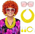 Short Orange Red Curly Costume Wig and Jewelry Set with Sunglasses for Women Adults 70s Retro Housewife Cosplay Halloween Party Accessories (Yellow Beads) by Unknown
