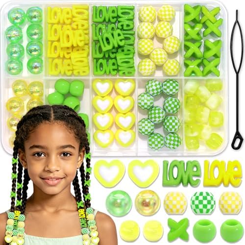 NAISKA 88PCS Green Yellow Hair Beads 10 Styles Beads for Hair Cute Braids Bead Dreadlock Jewelry Cute Braids Accessories for Kids Girls by NAISKA