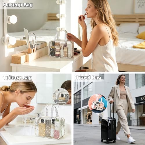 Clear White Star Large Makeup Bag with Star Pattern 12x5x8 inch, Travel Cosmetic Bag with Handle, Durable PVC Material Washbag Zipper Opening Design for Makeup Travel Organizer or Gym Use - Image 5