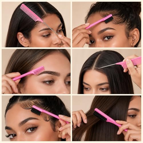 SAMEBUTECO 6pc Slick Back Hair Brush Set, Boar Bristle Wood Handle, 2 Topsy Tails, Edge Comb, Teasing Tool & Fine Tooth Pin Tail Comb for Sleek Ponytail, Braid Styling, Flyaways Control - Pink - Image 5
