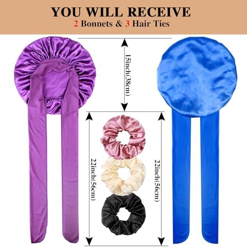 2+3 Large Satin Bonnets with Scrunchies for Women, Hair Bonnet Sleeping Tie Bonnet for Braids Curly Hair - Image 2