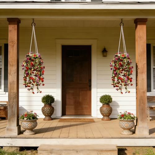 Artificial Flowers for Outdoors Fake Hanging Plants with Pot, 4pcs Silk Colorful Flowers UV Resistant Realistic Hanging Planter Faux Flower for Outside Porch Patio Home Garden Yard Decoration - Image 5