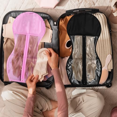 FYSUIMU 12Pcs Wig Storage Bag with Hanger Hair Extension Storage Dust Proof Portable Wig Organizer for Multiple Wigs Travel Home Closet (White, Black, Pink, Hot Pink) - Image 4