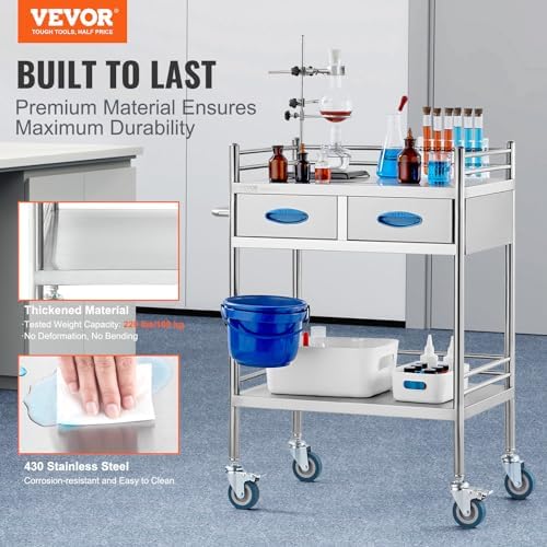 VEVOR Lab Serving Cart Utility Cart Stainless Steel Medical Cart with Two Drawers for lab Equipment Use Grade I Stainless Steel Utility Services (2 Shelves/ 2 Drawer) - Image 2