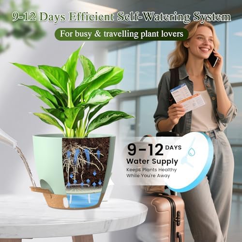 Self Watering Pots with Drainage Holes, 2 Pack 10 Inch Plant Pots with Water Level Indicator Deep Reservoir, Large Plastic Planter for Indoor Outdoor Plants - Green - Image 4