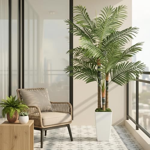6ft Artificial Palm Tree Indoor Plant，Triple Faux Tropical Areca Floor Plant in Pot，Artificial Plants with Lifelike Leaves for Home Office Decor - Image 5