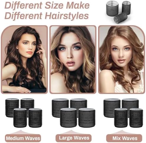 Self Grip Hair Rollers Curlers 16 Pcs Set with 8Pcs Hair Rollers 2 Sizes (4 Jumbo & 4 Large) and 8 Pcs Hair Clips for Long Medium Short Thick Fine Thin Hair Volume (Black) - Image 3