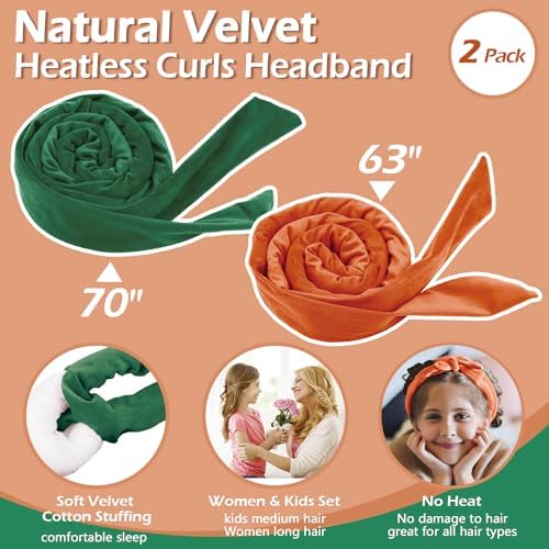 Heatless Curls Overnight Headband, 70'' No Heat Hair Curlers for Medium Long Hair, Green Orange - Image 3