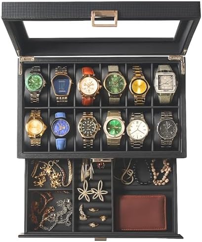 Watch Box for Men 12 Slot with Valet Drawer | 2-Tier Carbon Fiber Watch Case with Glass Lid | Luxury Watch and Jewelry Organizer | Watch Display Case - Ideal Gift for Men Women by Craftilux