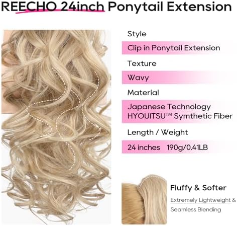 REECHO Ponytail Extension, 24" Claw Clip in Long Curly Wavy Ponytail Hair Extension Jaw Clip on Pony Tails Hairpiece for Women - Medium Blonde with Pale Highlights - Image 2