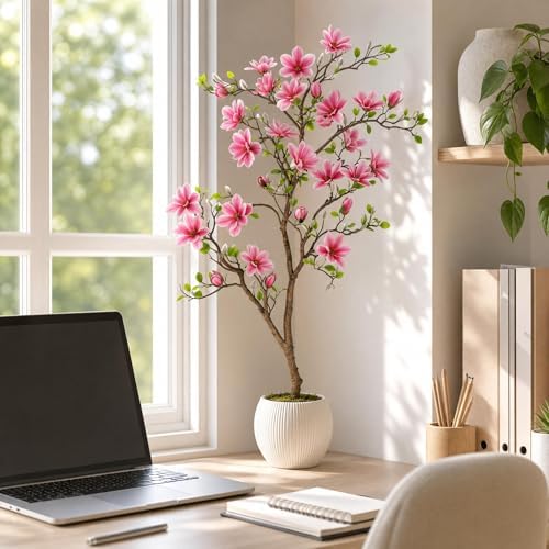 Artificial Magnolia Tree with Soft Pink Blooms, 4FT,Lifelike Faux Magnolia Tree in Pot, Silk Artificial Flowering Tree for Indoor Home Decor, Living Room, Office, Bedroom, Entryway - Image 5