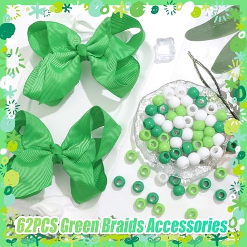 NAISKA 62PCS Green Hair Beads for Braids Kids Girls Hair Bow Clips 3 Colors Loc Beads Cute Bowknot Hair Clips Jewelry Hair Accessories for Girls - Image 2