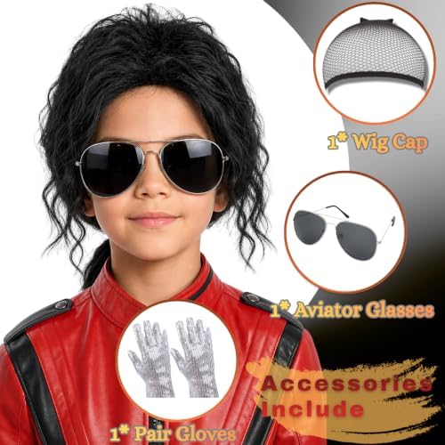 Kids Black Ponytail Wig with Glasses & Gloves for 80s Disco Rock Costume - Image 4