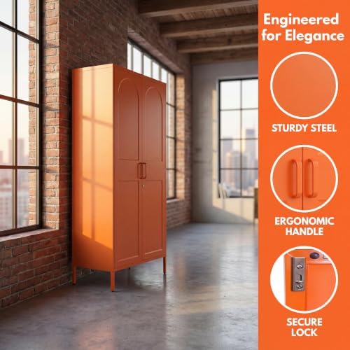 Lockable Metal Armoire Wardrobe Closet, 67 Inch Steel Clothing Storage Cabinet, Hanging Rod and Adjustable Shelves, Orange 2 Door Storage Cabinet for Bedroom Cloak Room Office Gym - Image 2