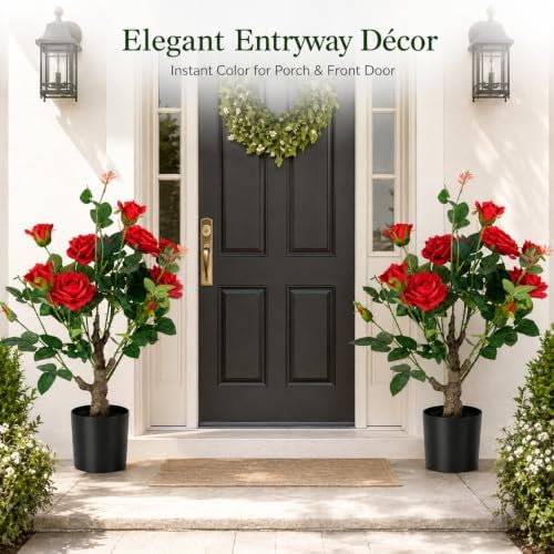 24’’ Artificial Rose Tree, 2 Pack Faux Rose Plants with Red Flowers and Green Leaves, 2FT Silk Potted Tree for Indoor Outdoor Home Office Porch Garden Decor, Red - Image 2