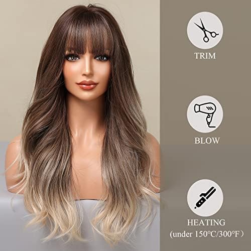 HAIRCUBE Ash Blonde Wig with Bangs Long Ombre Brown to Blonde Curly Wigs for Women Natural Synthetic Wig for Daily Use (pelucas de cabello natural) - Image 6