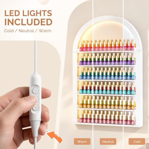 OmySalon Nail Polish & Gel Powder Rack With Led Lighting, White Wall Shelf - Image 2